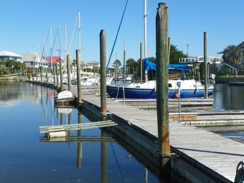 Gulf Coast marina dock at golden hour